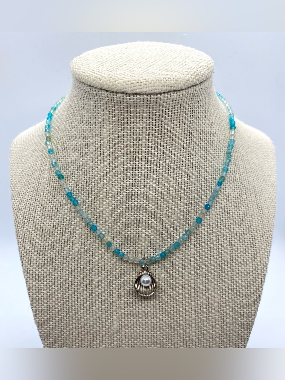 Blue Beaded Necklace Silver Pearl Charm Boho Y2K Fairy Festival Coastal Beach - Picture 1 of 12
